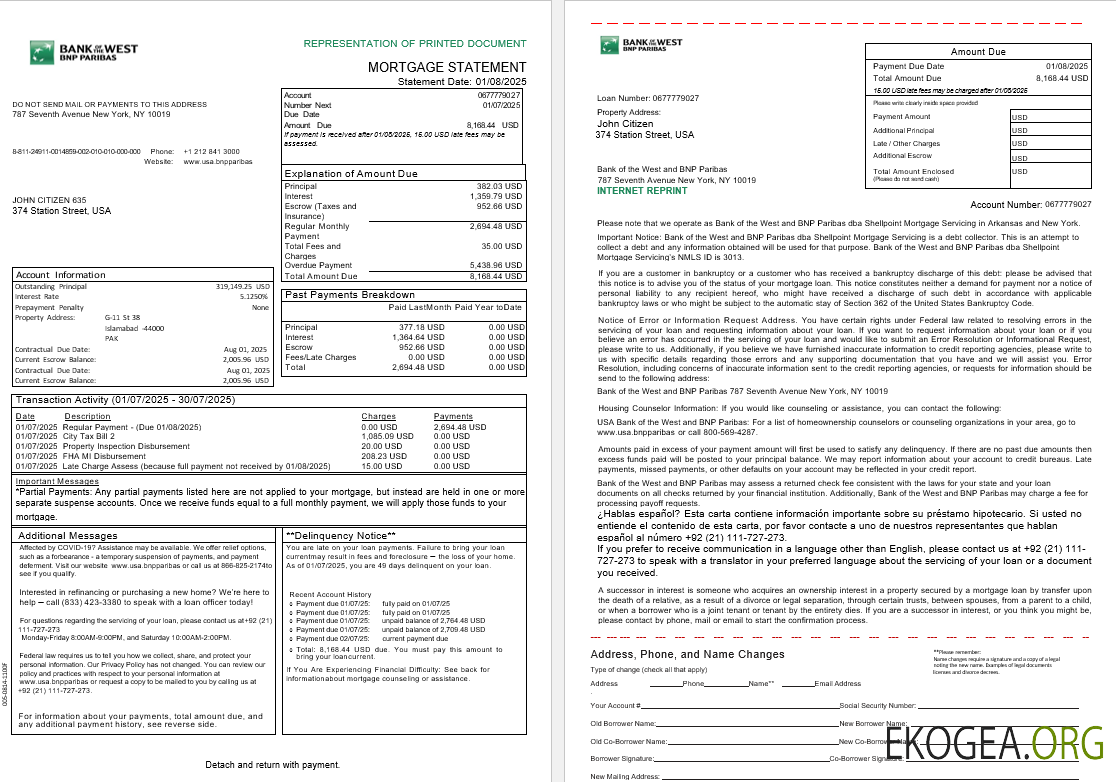 Etats , Unis Dakota du Sud Bank of the West Relevé de prêt hypothécaire bancaire BNP Paribas aux formats Word et PDF, 3 pages 1 , 2